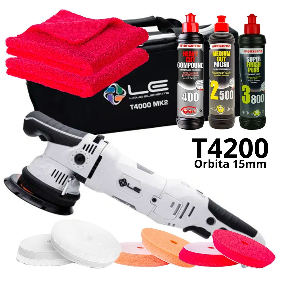 Kit completo per lucidatura auto con Liquid Elements T4200 - Lucidatrice rotorbitale 15mm, set di tamponi, panni in microfibra e polish Menzerna per un risultato professionale su ogni superficie.