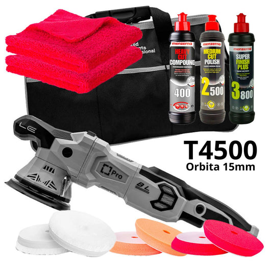 Kit lucidatura auto 3 step con lucidatrice rotorbitale Liquid Elements T4500 Pro, tamponi in microfibra e spugna, compound, polish e panni in microfibra – Perfetto per detailing professionale